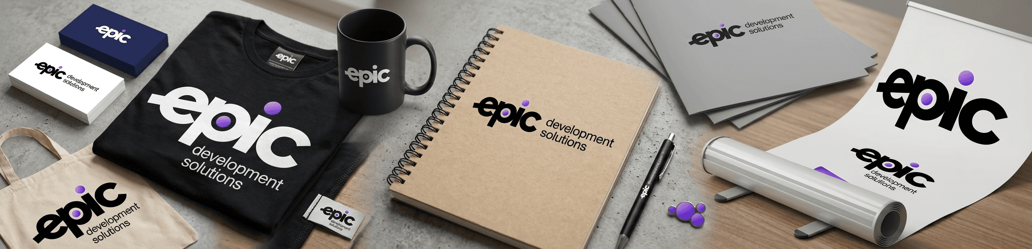 Epic-branded t-shirt, mug, notebook, business cards, tote bag and rolled poster